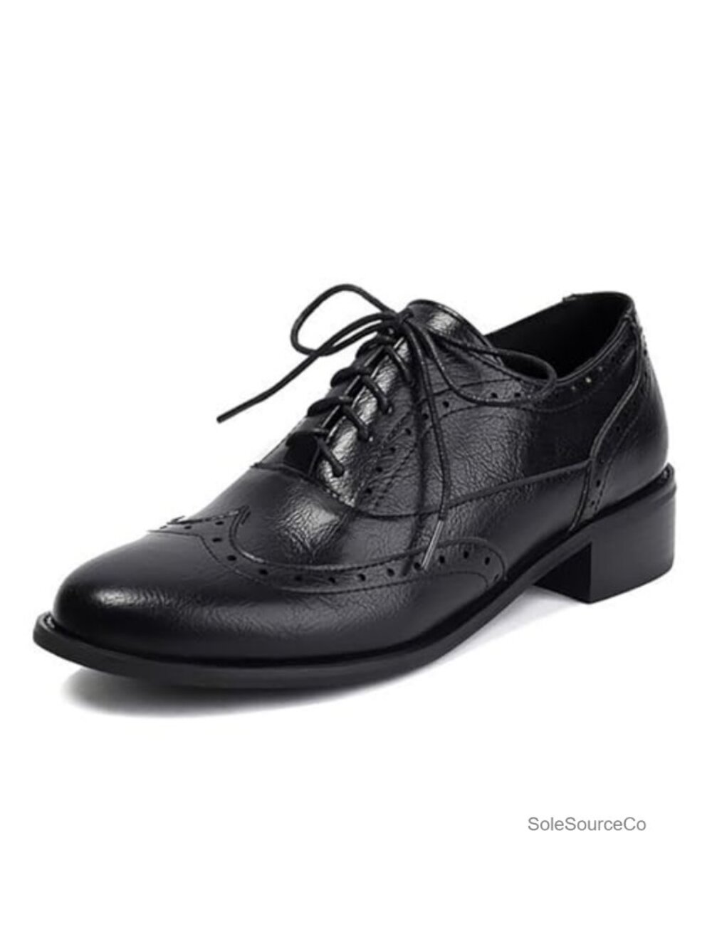 Women's Leather Wingtip Oxfords Vintage Lace-Up Low Chunky Heel Brogue Shoes